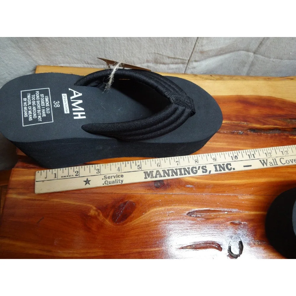AMH Platform Flip Flops Women 7.5 Black Chunky Wedge Y2K Goth